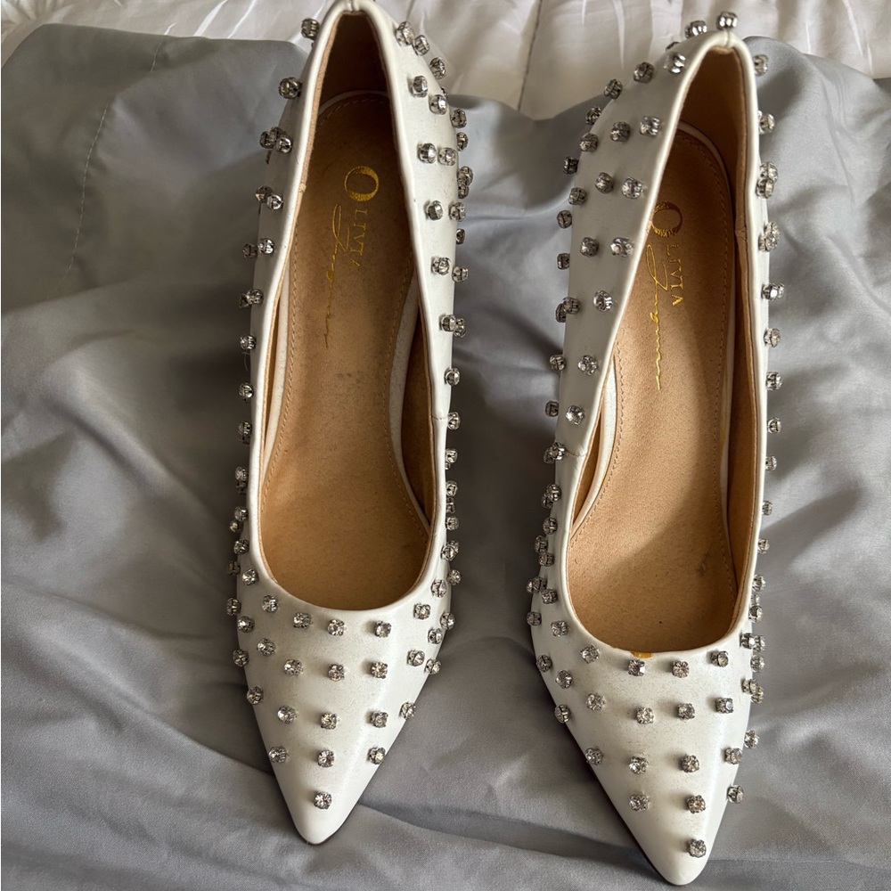 New White Diamond Studded Women's Heels